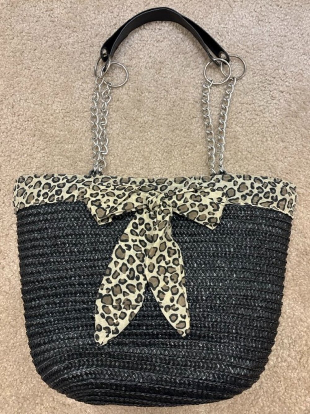 Vintage Style Straw Tote Bag with Leopard Print Accent